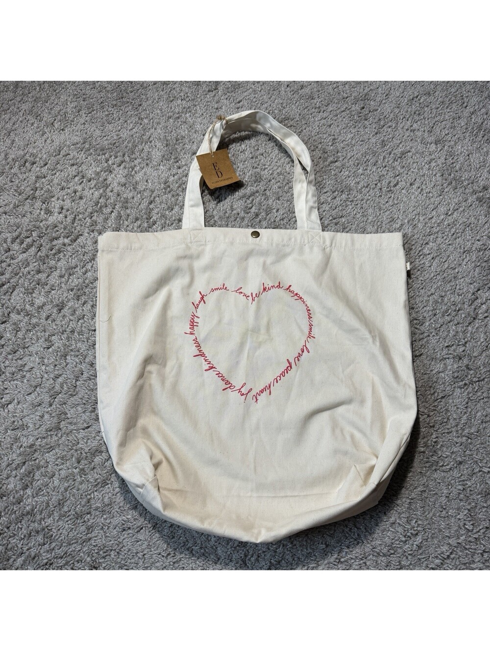 NWT ED by Ellen Degeneres BE KIND Printed Heart Large Canvas Tote Bag